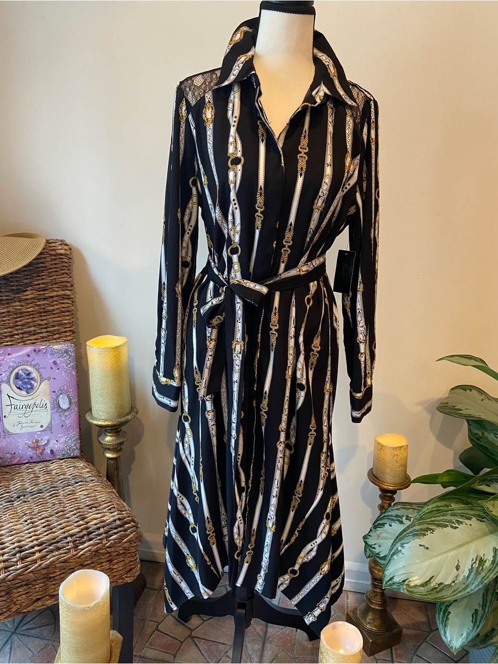 Thalia Sodi Black and Gold Chain-Print Long Sleeve Shirt Dress